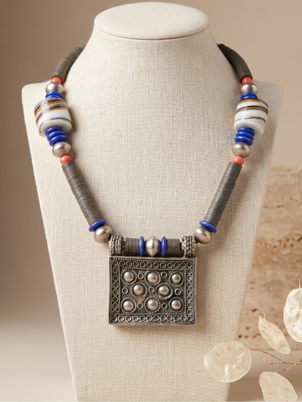 Vintage Kenneth Jay Lane KJL Tribal Art Glass Amulet Pendant Necklace 1777